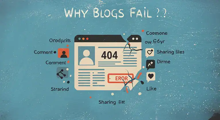 Blog failure infographic: 404 error, broken design, lack of comments/shares.